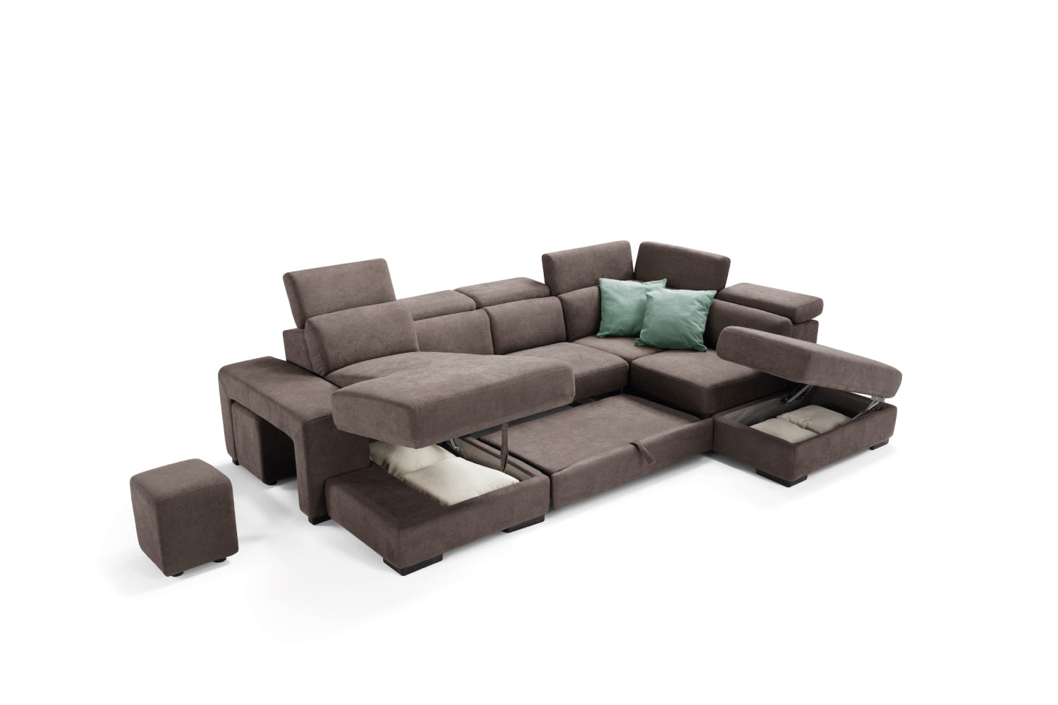 TALENTO 2-seater chaise longue sofa with terminal corner and storage pouf - KOMODO bed opening