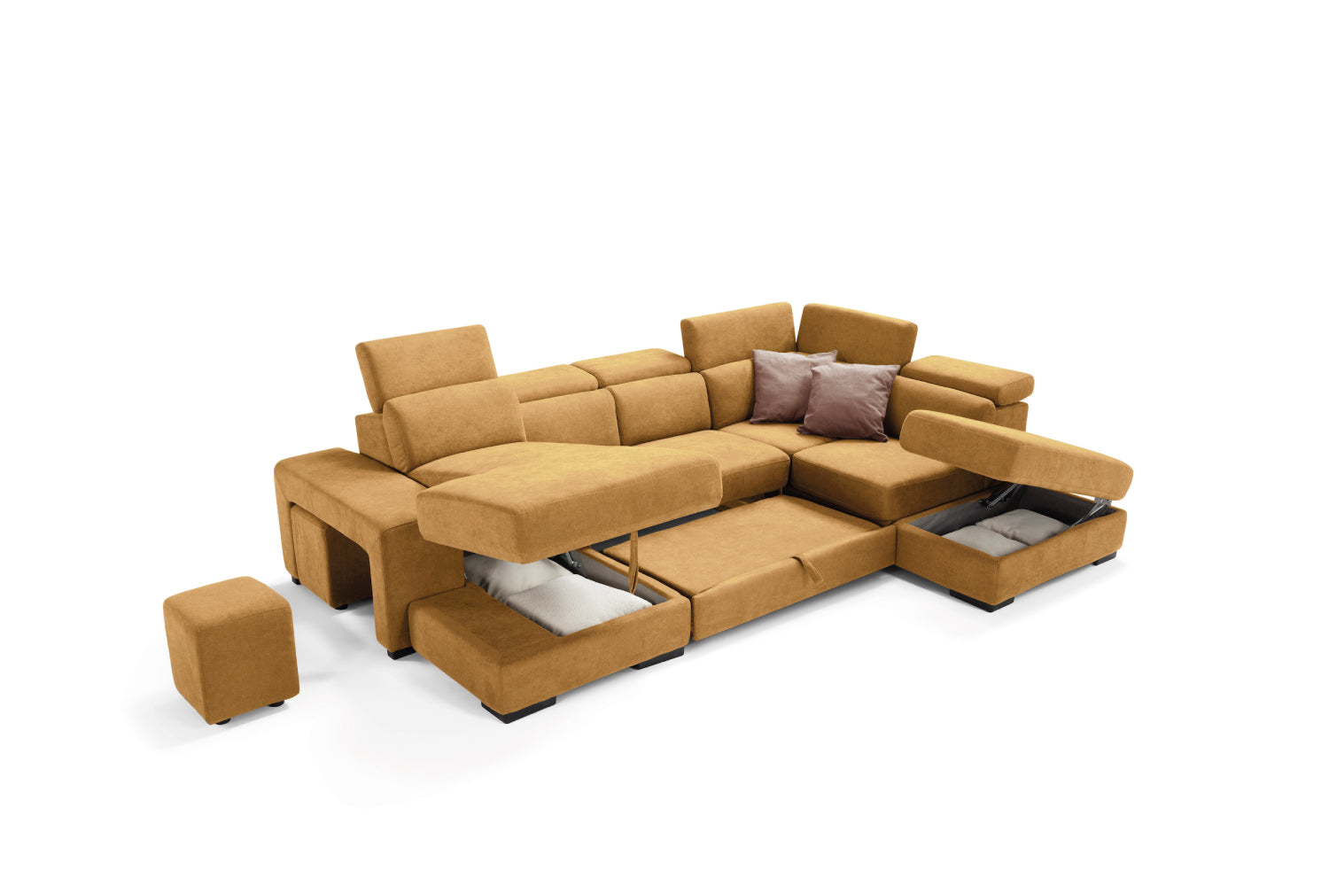 TALENTO 2-seater chaise longue sofa with terminal corner and storage pouf - KOMODO bed opening