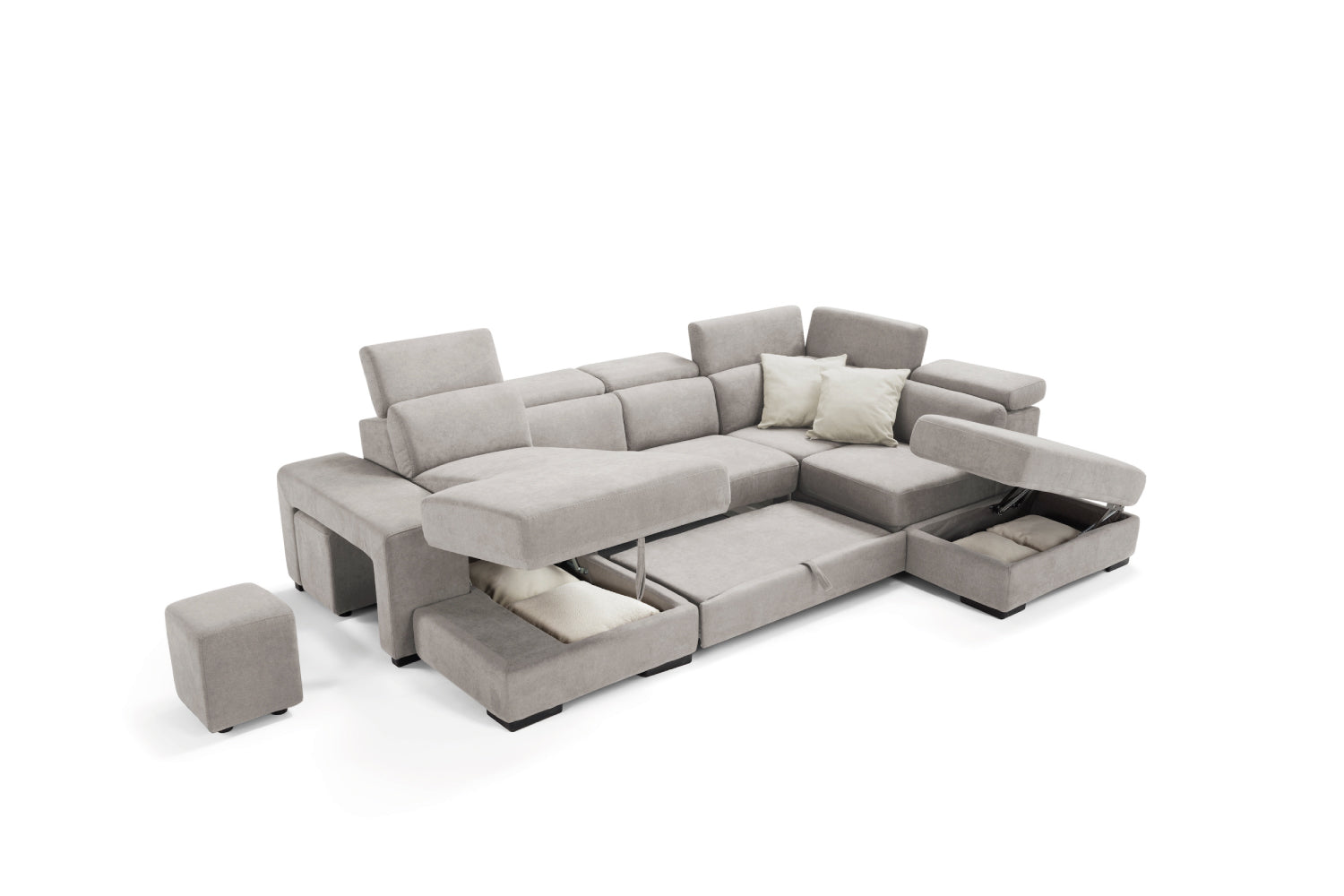 TALENTO 2-seater chaise longue sofa with terminal corner and storage pouf - KOMODO bed opening