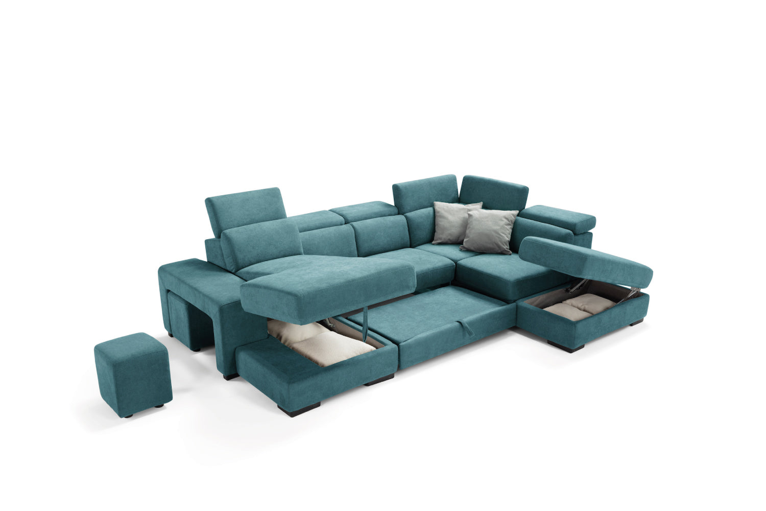 TALENTO 2-seater chaise longue sofa with terminal corner and storage pouf - KOMODO bed opening