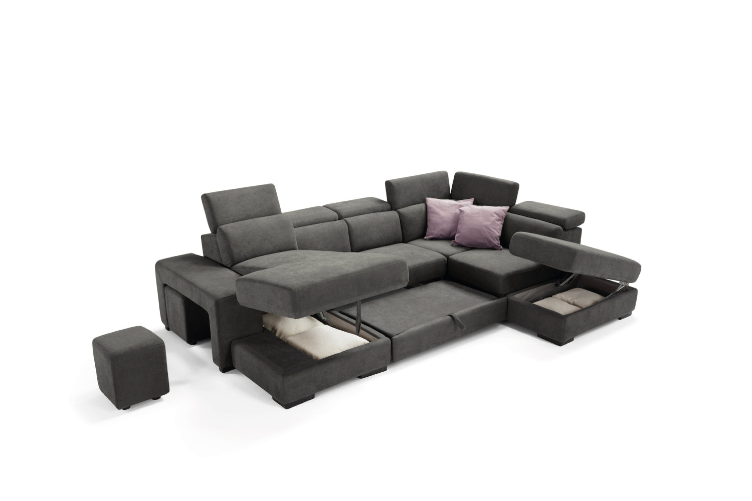 TALENTO 2-seater chaise longue sofa with terminal corner and storage pouf - KOMODO bed opening