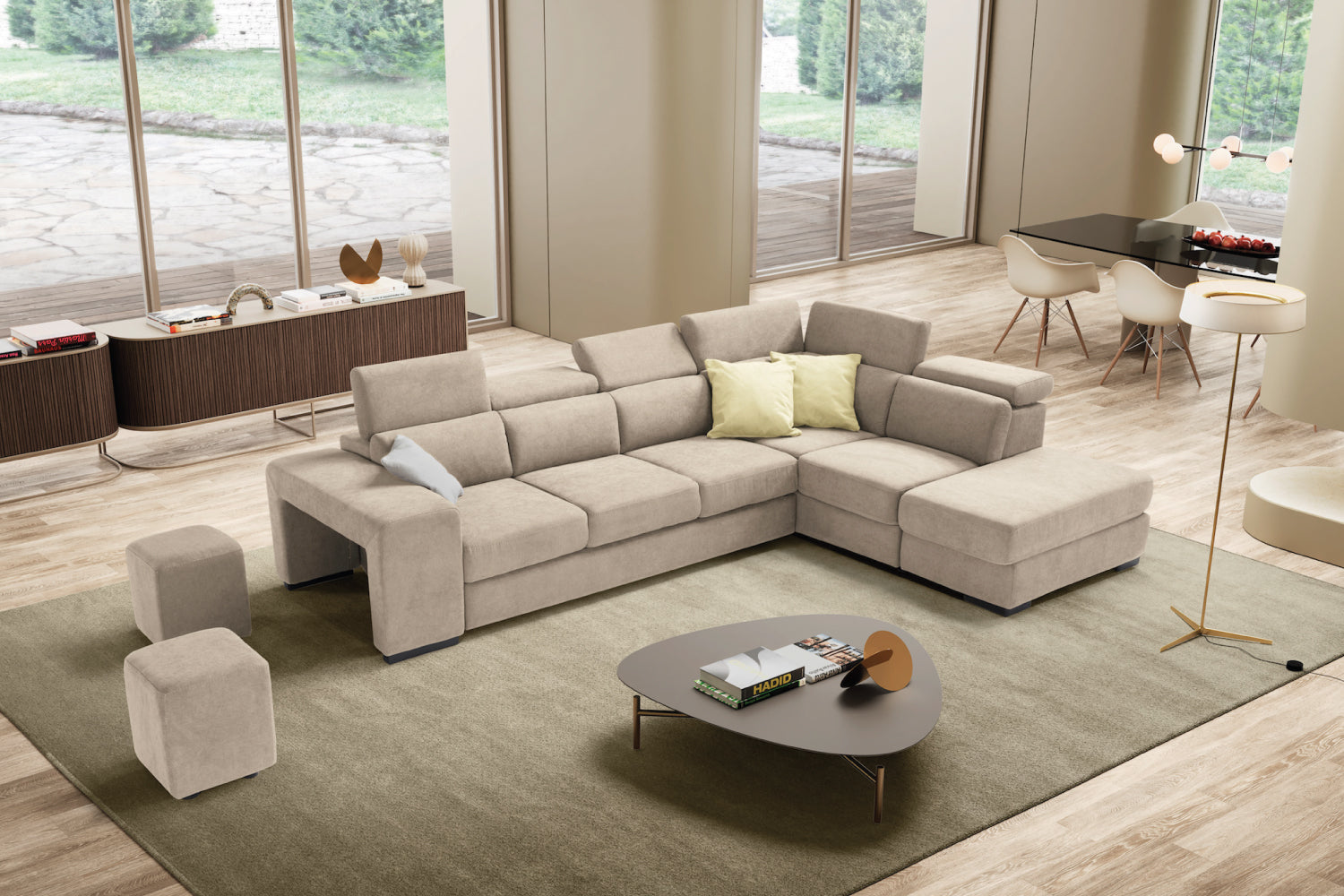 Canapé TALENTO 3 places max, coin d'extrémité avec pouf rangement - ouverture lit KOMODO