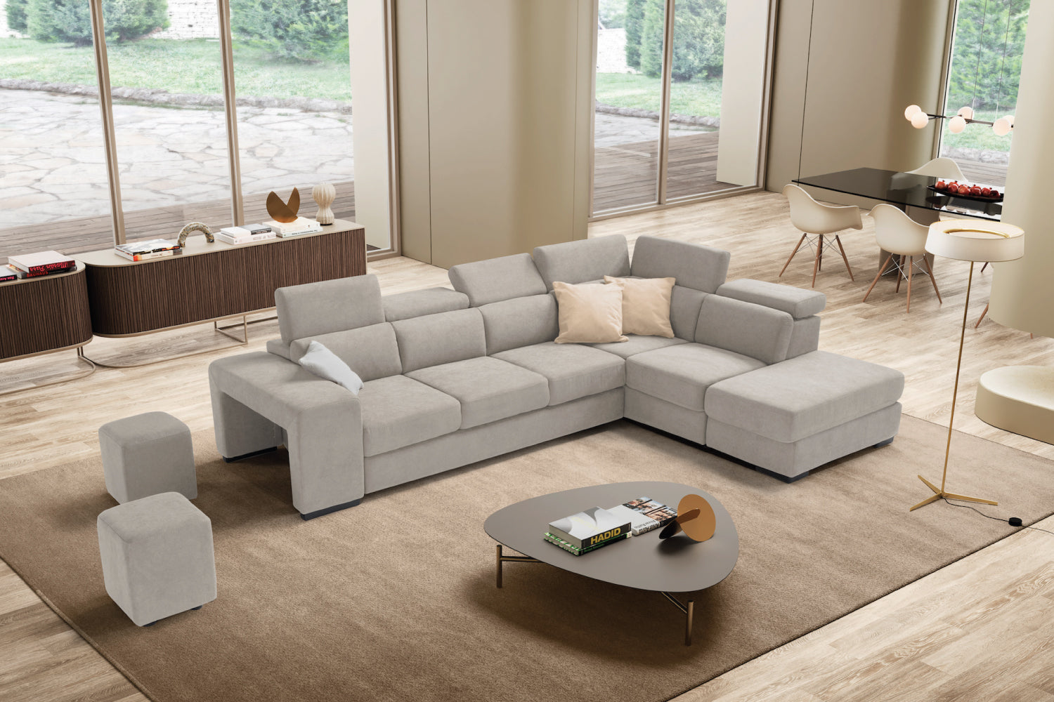 Canapé TALENTO 3 places max, coin d'extrémité avec pouf rangement - ouverture lit KOMODO