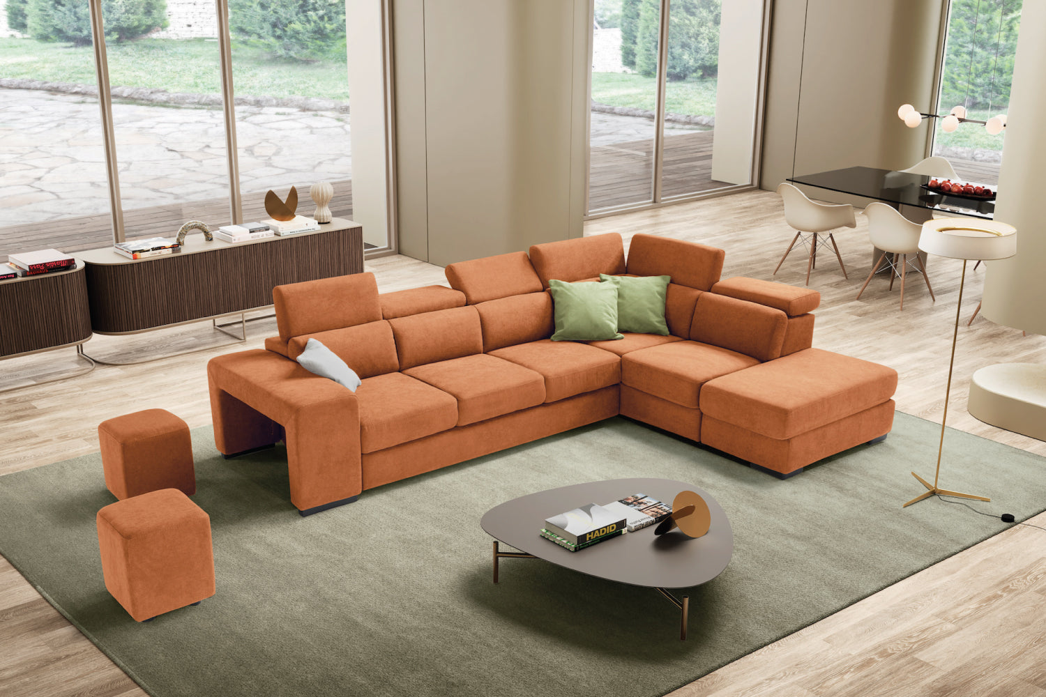 Canapé TALENTO 3 places max, coin d'extrémité avec pouf rangement - ouverture lit KOMODO