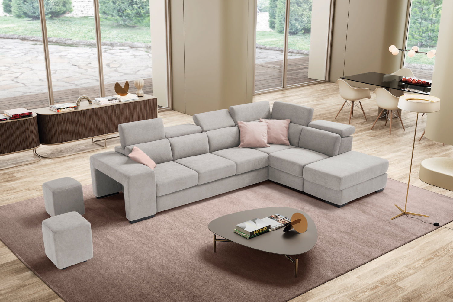 Canapé TALENTO 3 places max, coin d'extrémité avec pouf rangement - ouverture lit KOMODO