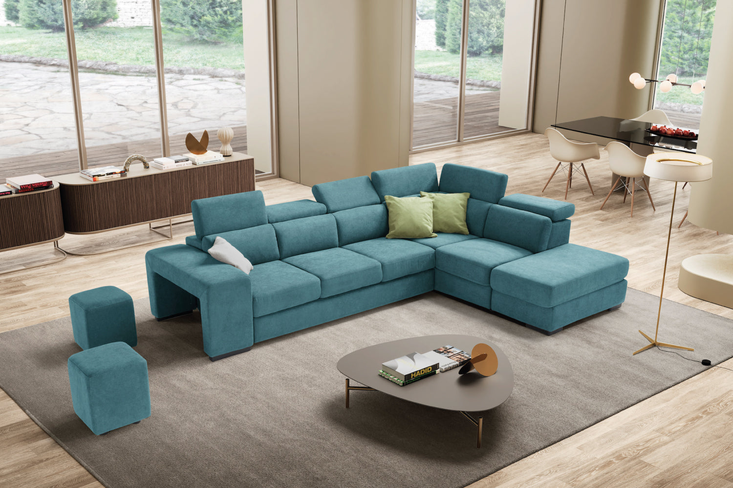 Canapé TALENTO 3 places max, coin d'extrémité avec pouf rangement - ouverture lit KOMODO