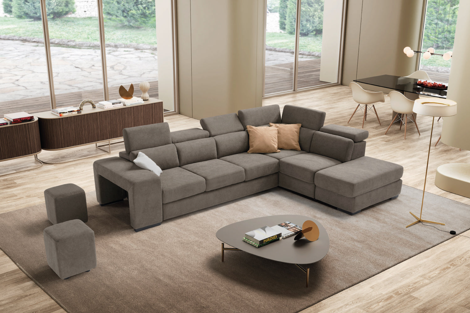 Canapé TALENTO 3 places max, coin d'extrémité avec pouf rangement - ouverture lit KOMODO