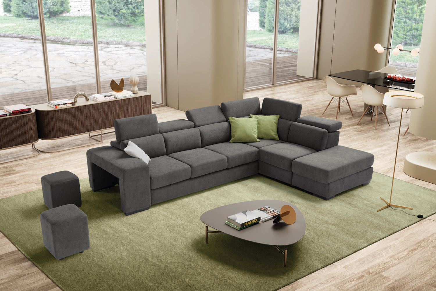 Canapé TALENTO 3 places max, coin d'extrémité avec pouf rangement - ouverture lit KOMODO