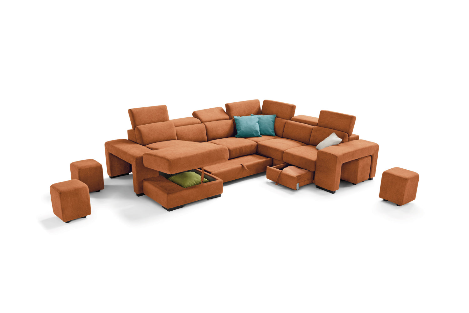 TALENTO 2-seater chaise longue sofa with terminal corner and jolly armchair with storage drawer - KOMODO bed opening
