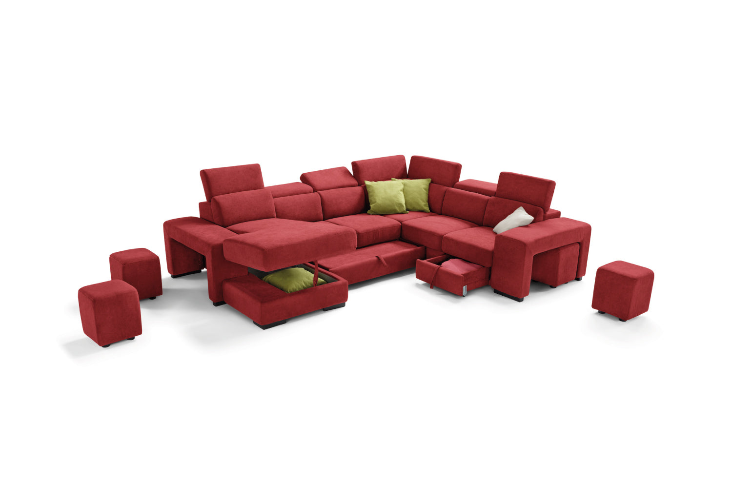 TALENTO 2-seater chaise longue sofa with terminal corner and jolly armchair with storage drawer - KOMODO bed opening