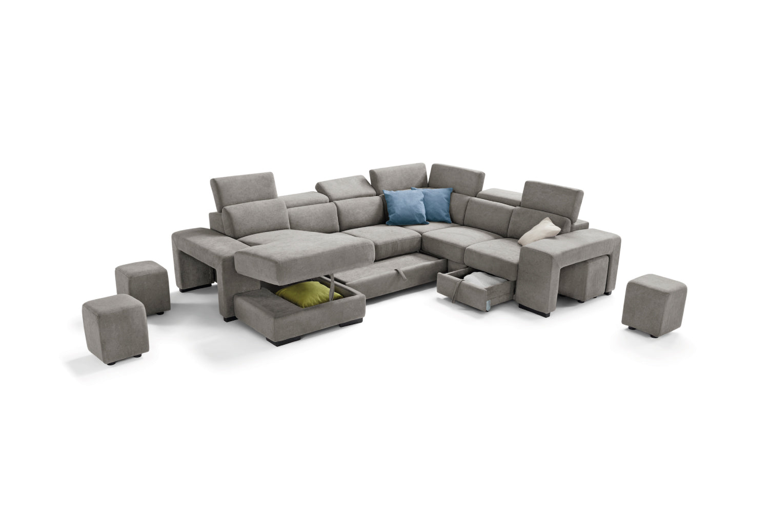 TALENTO 2-seater chaise longue sofa with terminal corner and jolly armchair with storage drawer - KOMODO bed opening
