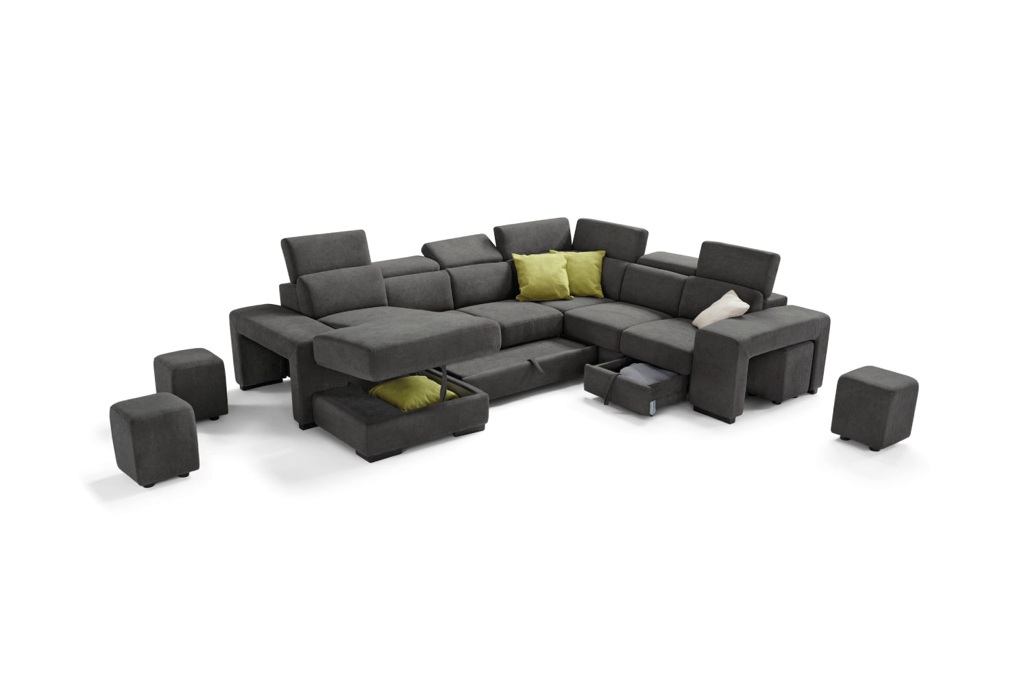 TALENTO 2-seater chaise longue sofa with terminal corner and jolly armchair with storage drawer - KOMODO bed opening
