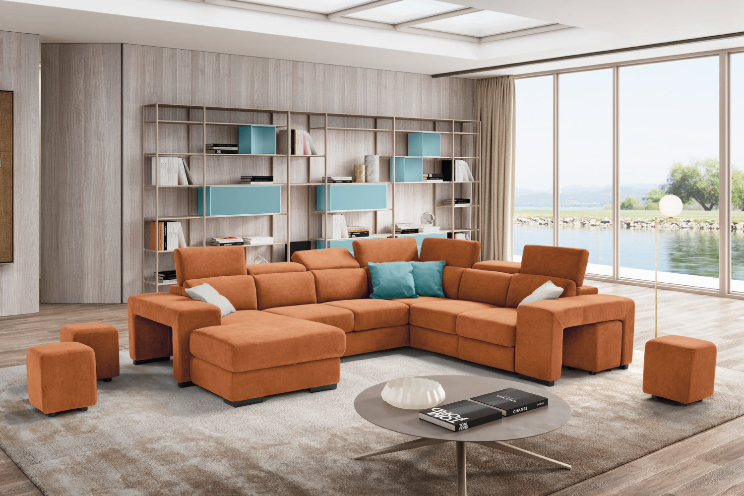 TALENTO 2-seater chaise longue sofa with terminal corner and jolly armchair with storage drawer - KOMODO bed opening