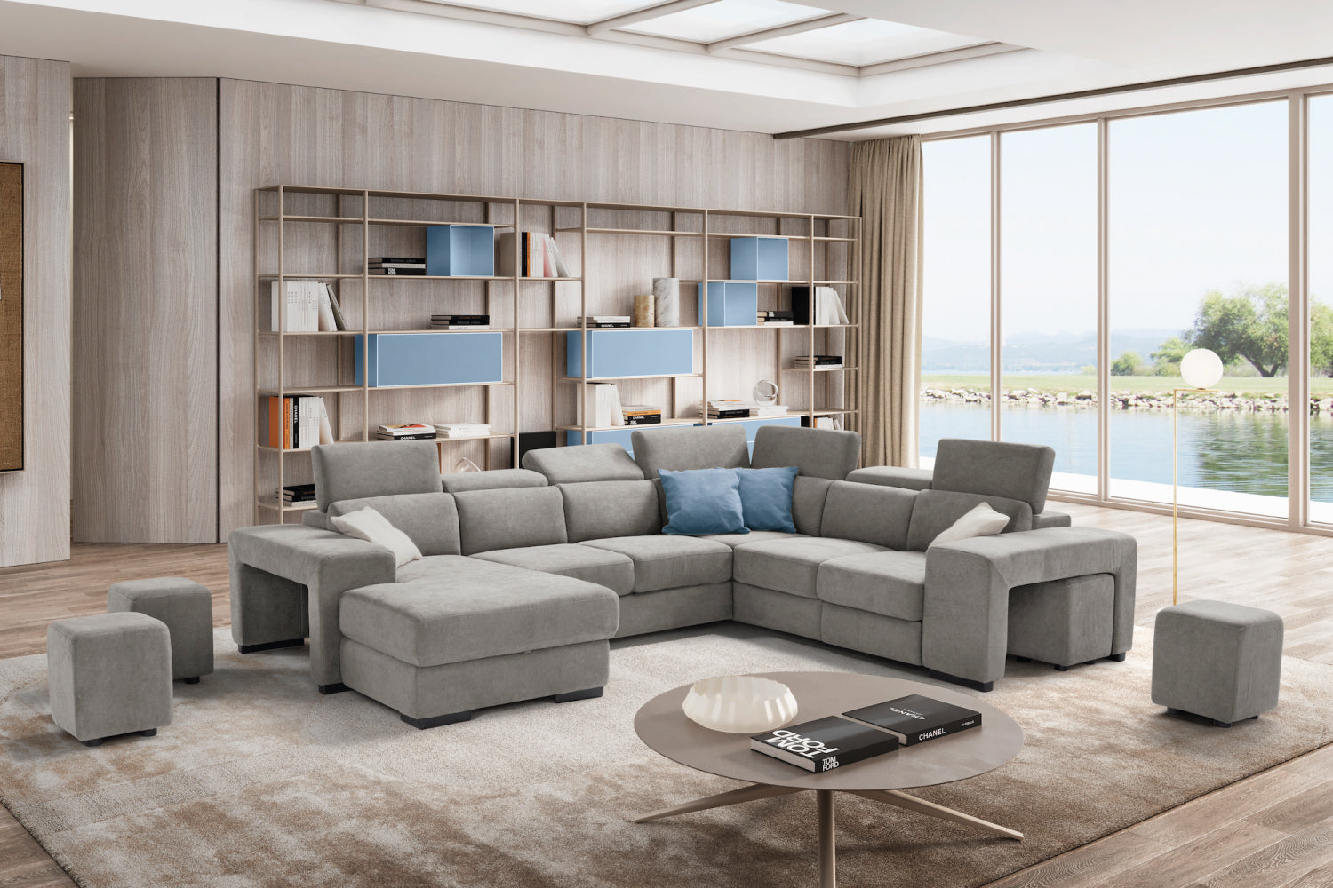 TALENTO 2-seater chaise longue sofa with terminal corner and jolly armchair with storage drawer - KOMODO bed opening