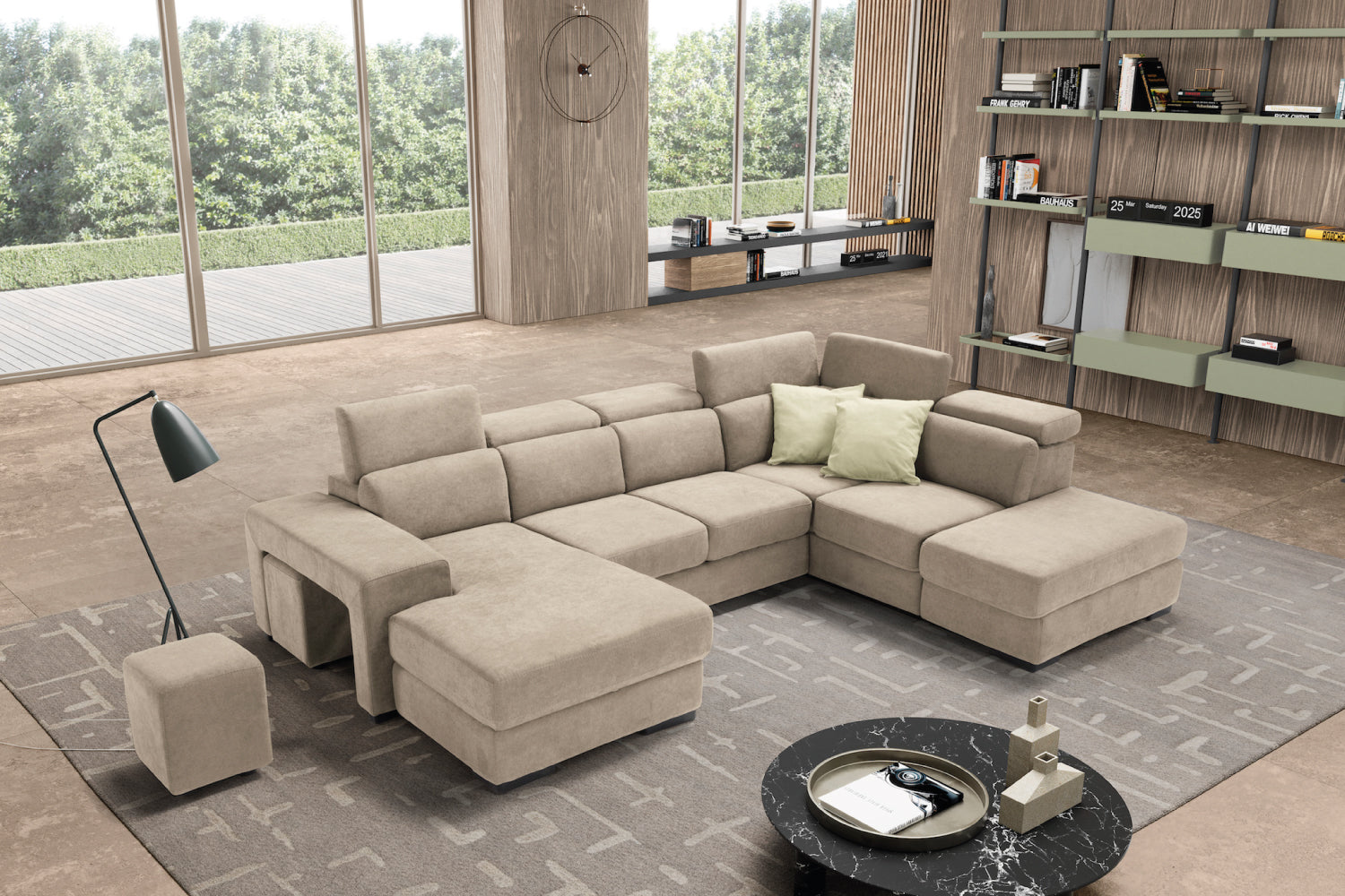 TALENTO 2-seater chaise longue sofa with terminal corner and storage pouf - KOMODO bed opening