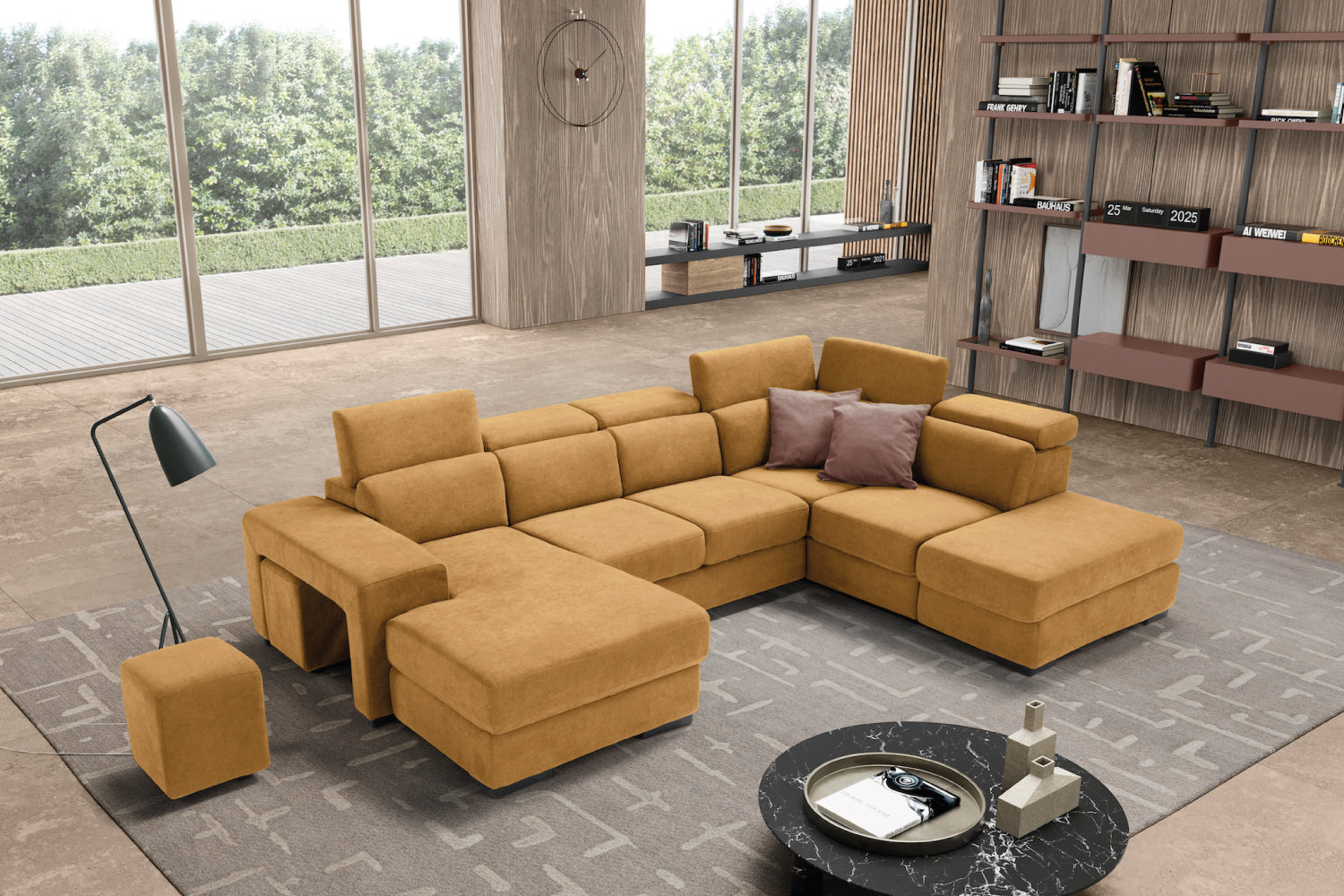 TALENTO 2-seater chaise longue sofa with terminal corner and storage pouf - KOMODO bed opening