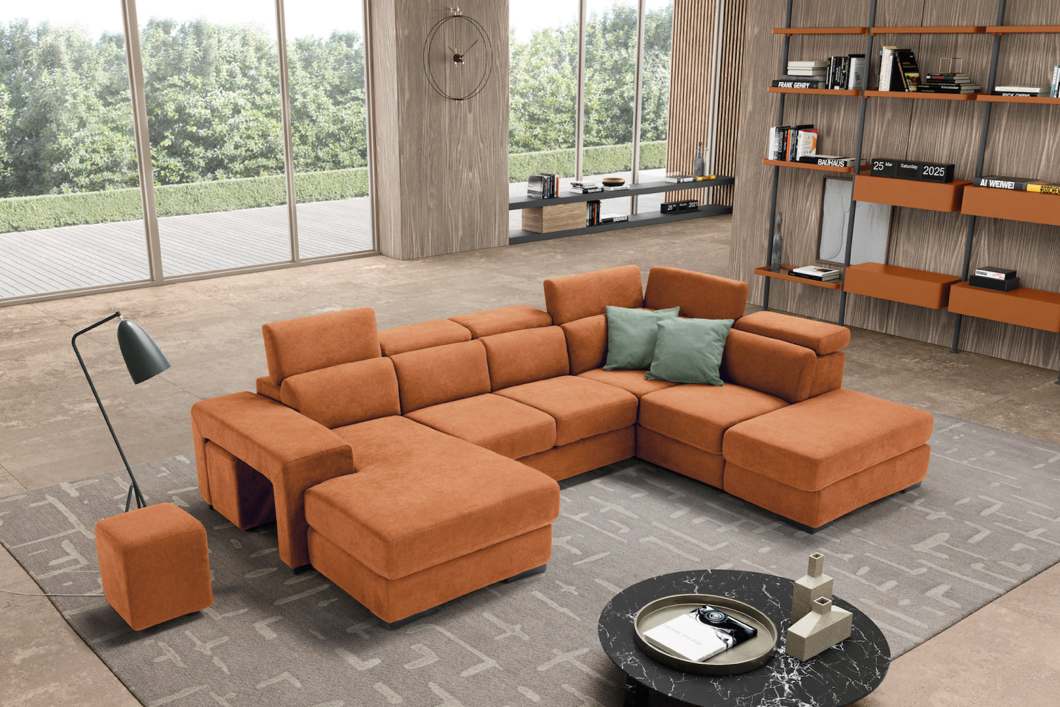 TALENTO 2-seater chaise longue sofa with terminal corner and storage pouf - KOMODO bed opening