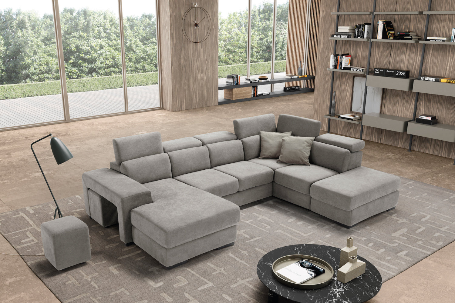 TALENTO 2-seater chaise longue sofa with terminal corner and storage pouf - KOMODO bed opening