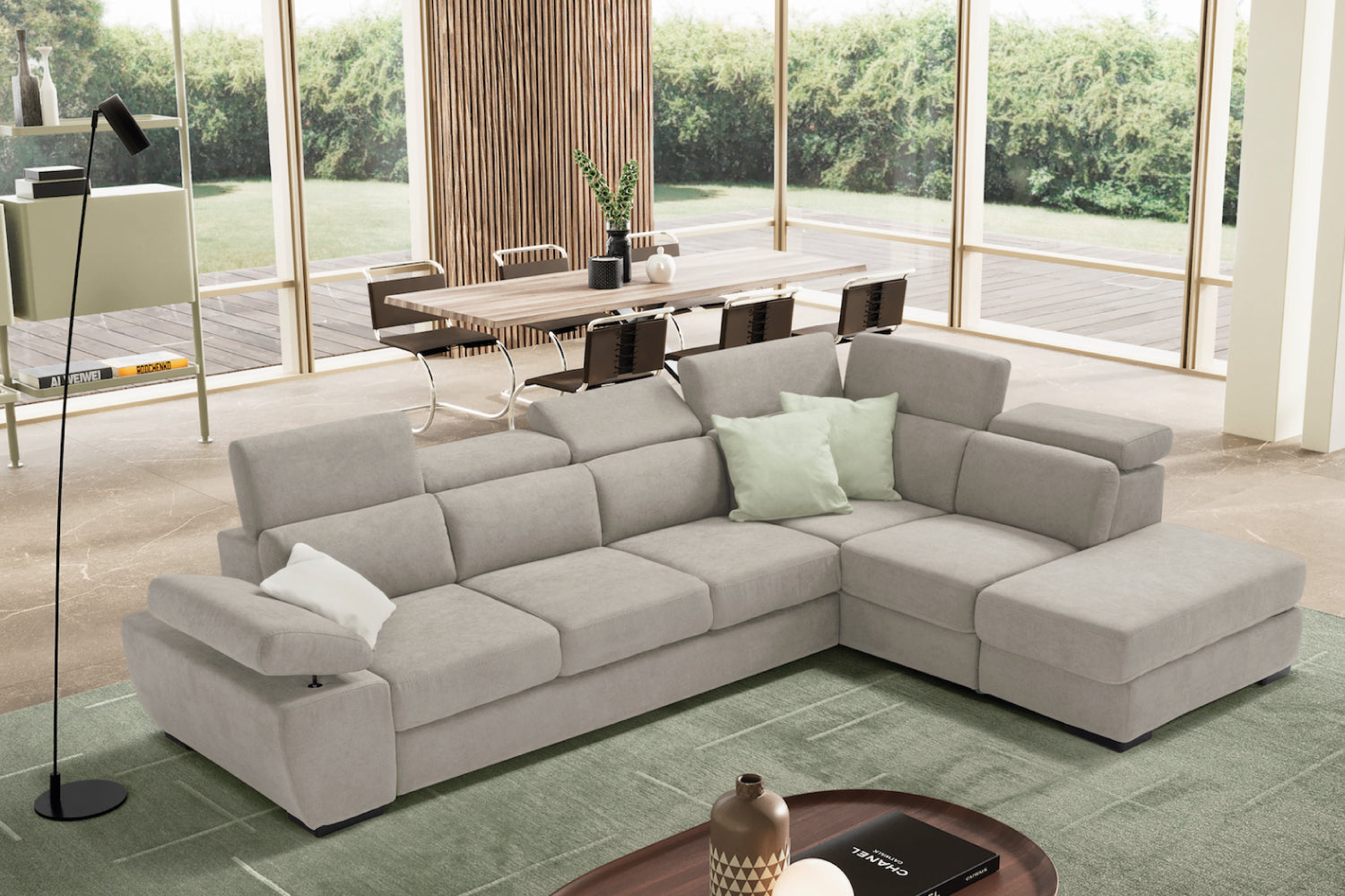 FABIOLA 3 seater sofa max, terminal corner with storage pouf - KOMODO bed opening