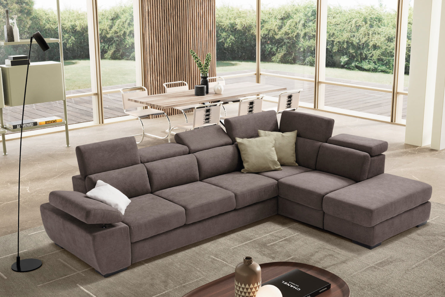 FABIOLA 3 seater sofa max, terminal corner with storage pouf - KOMODO bed opening