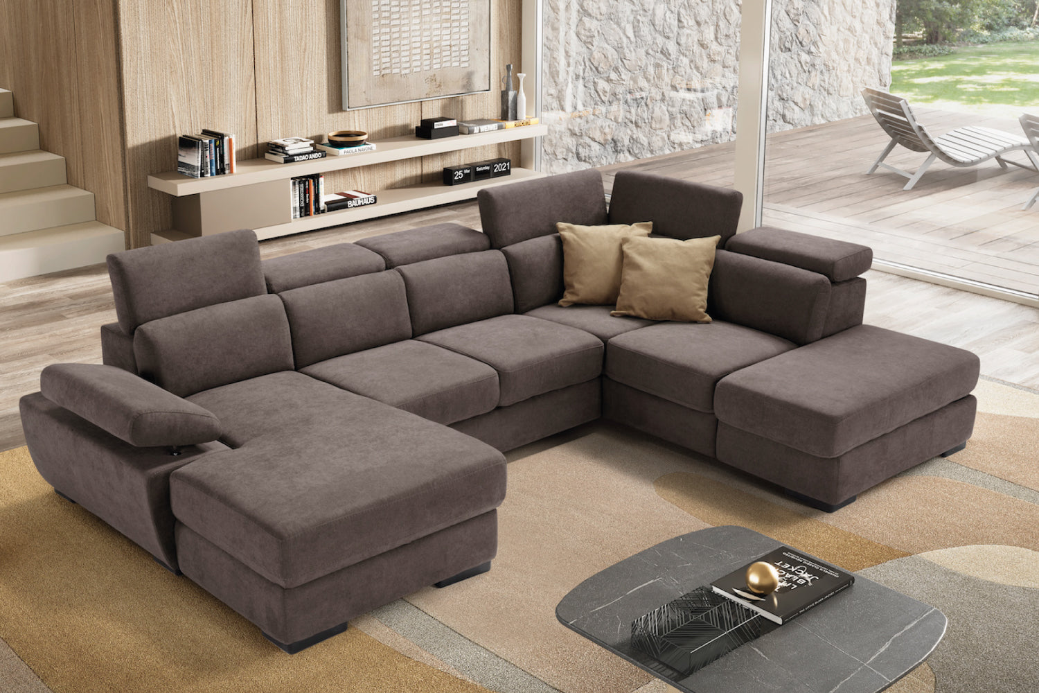 FABIOLA 2-seater chaise longue sofa with terminal corner and storage pouf - KOMODO bed opening