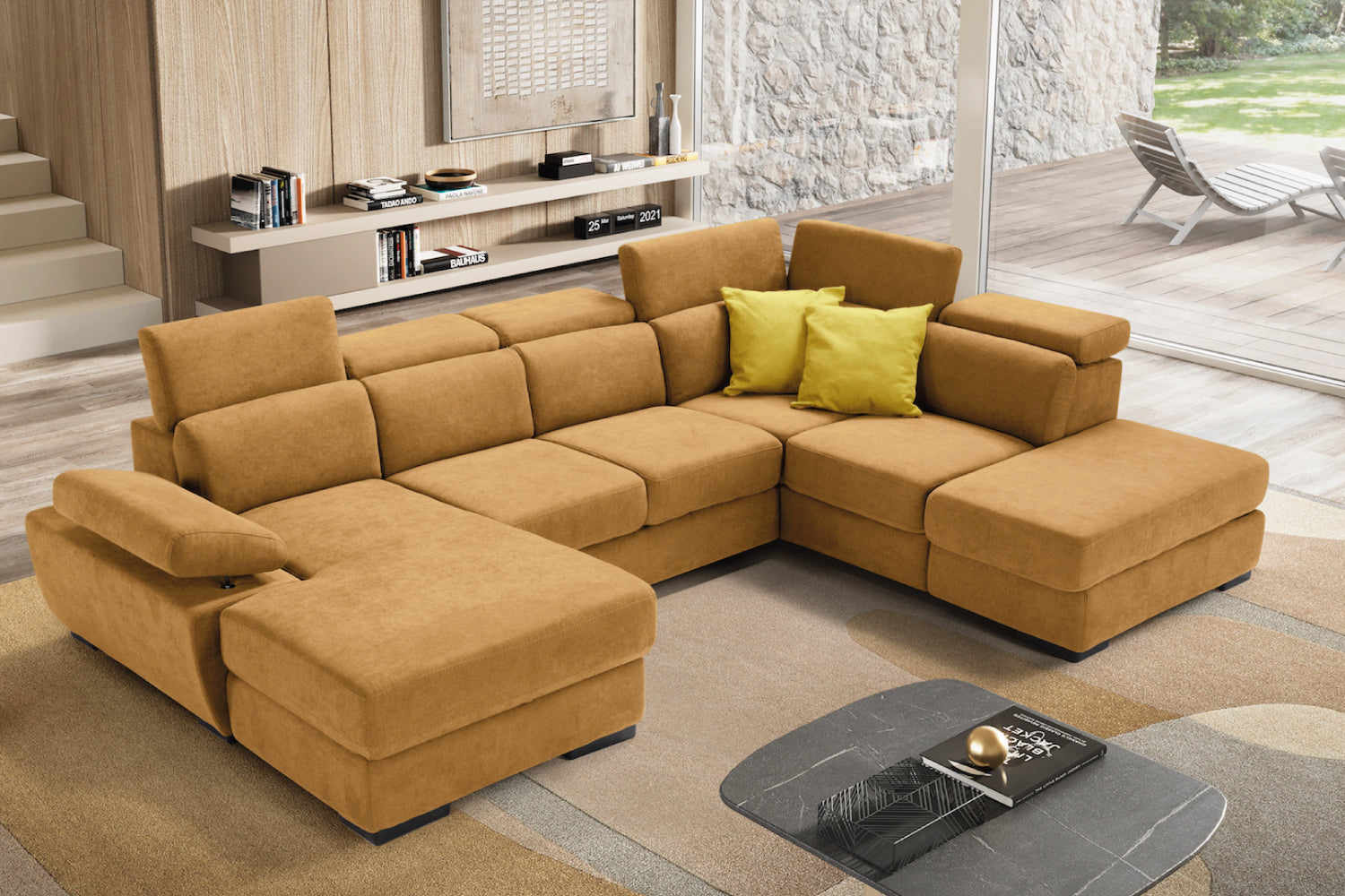 FABIOLA 2-seater chaise longue sofa with terminal corner and storage pouf - KOMODO bed opening