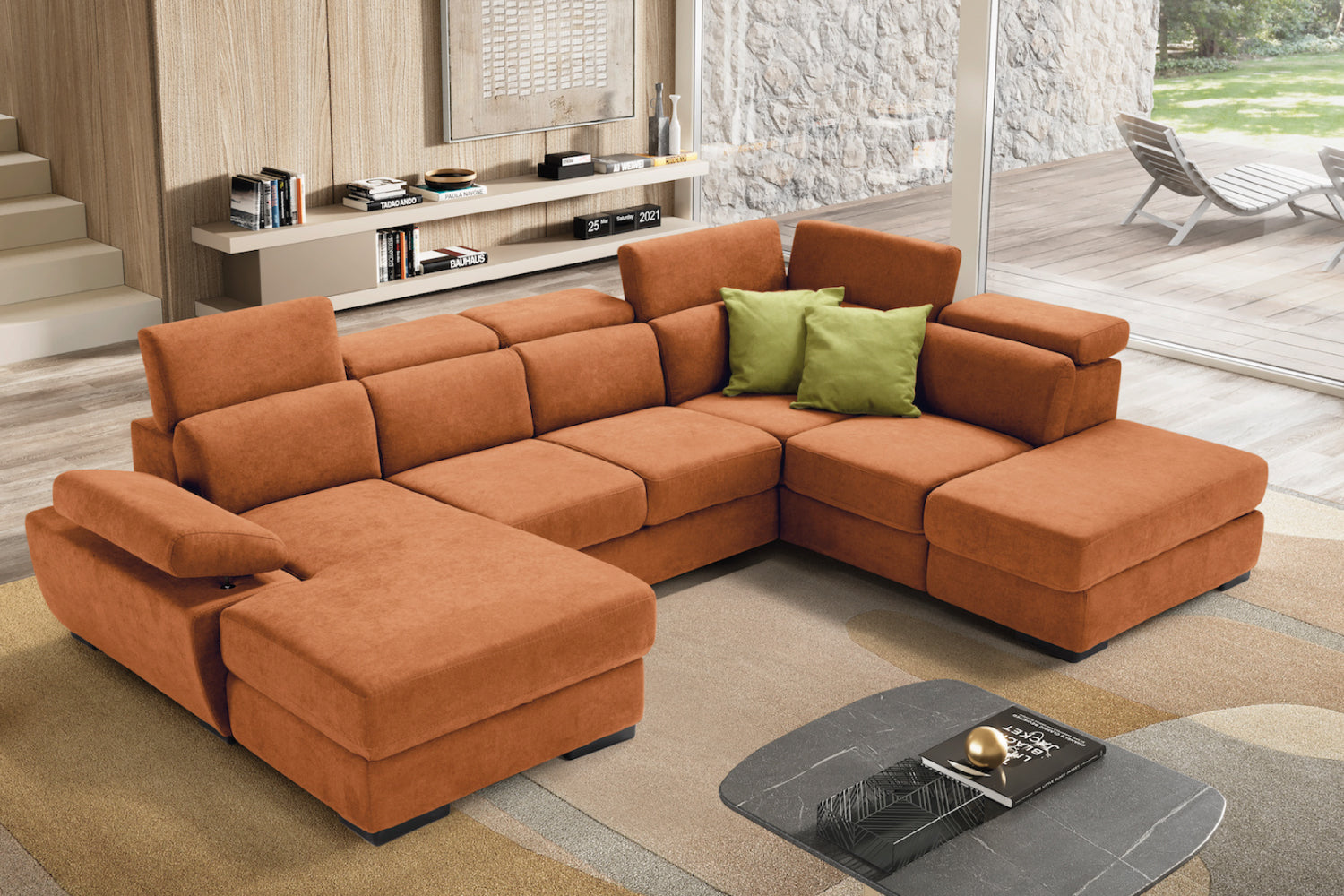 FABIOLA 2-seater chaise longue sofa with terminal corner and storage pouf - KOMODO bed opening