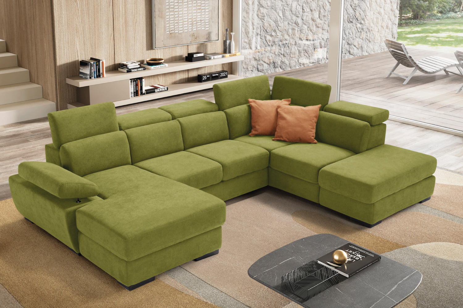 FABIOLA 2-seater chaise longue sofa with terminal corner and storage pouf - KOMODO bed opening