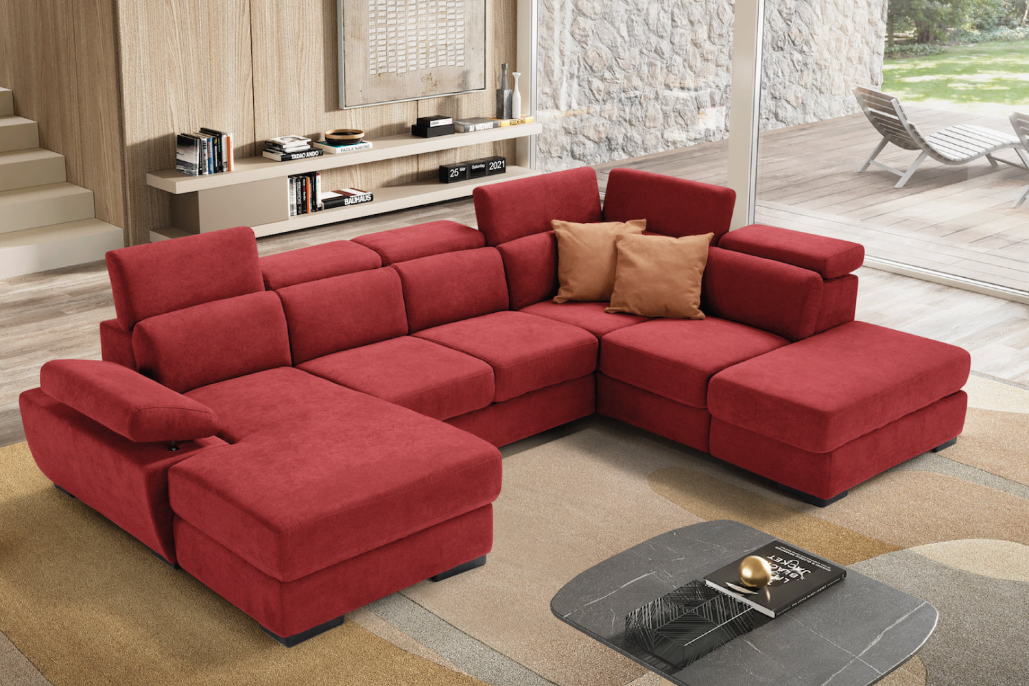 FABIOLA 2-seater chaise longue sofa with terminal corner and storage pouf - KOMODO bed opening