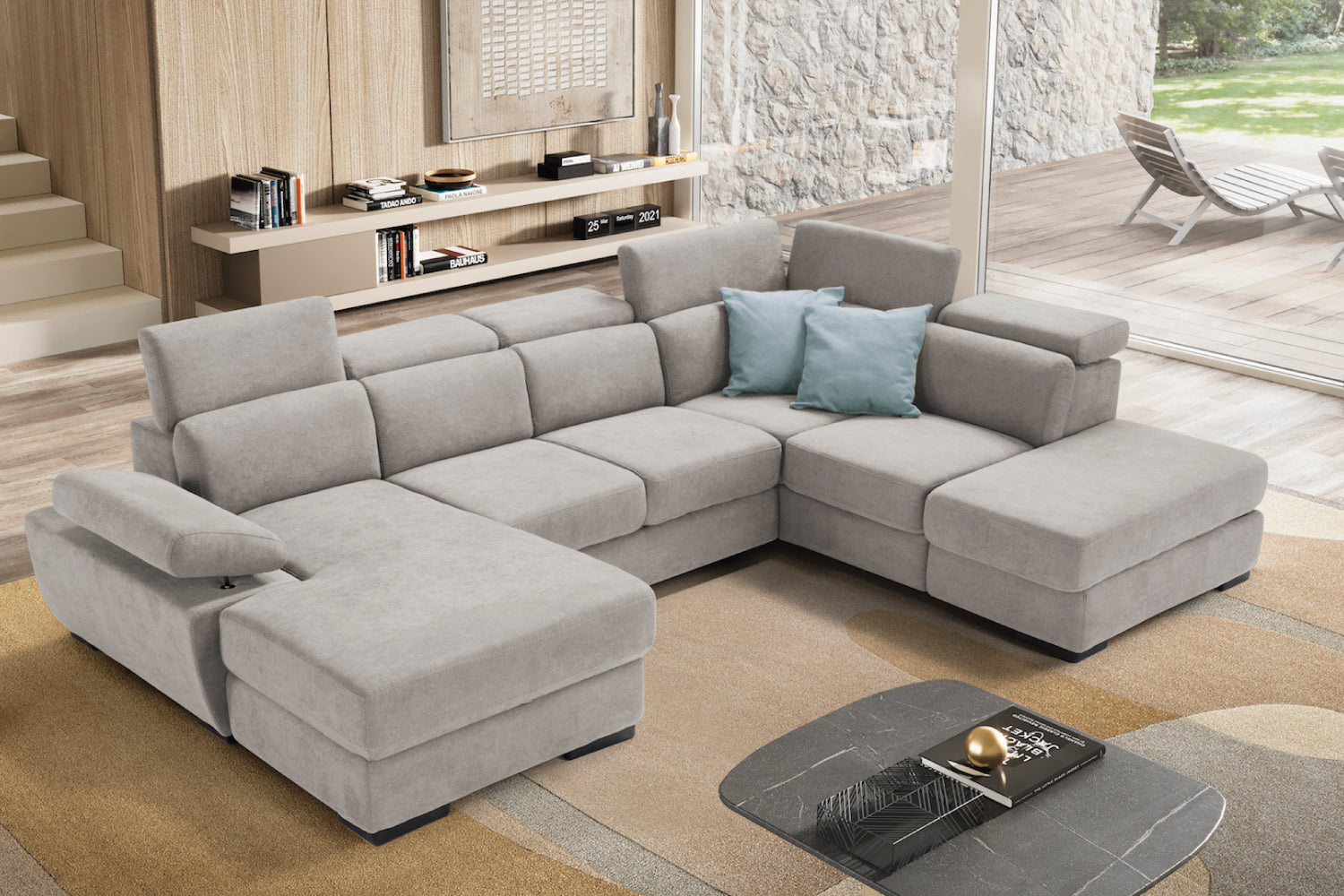 FABIOLA 2-seater chaise longue sofa with terminal corner and storage pouf - KOMODO bed opening