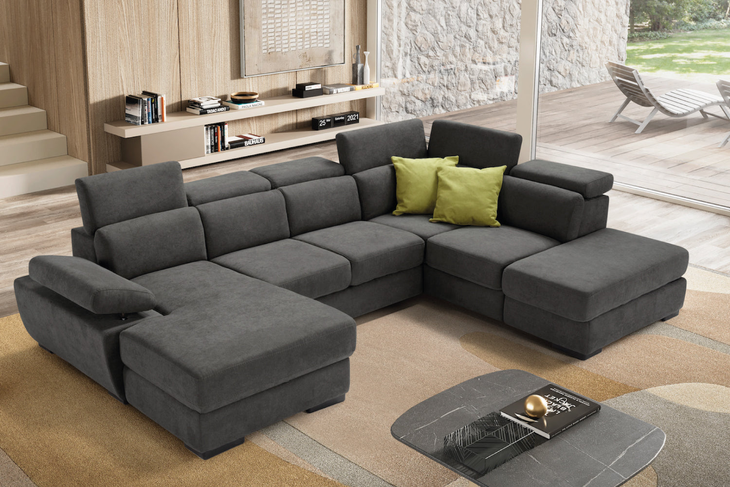 FABIOLA 2-seater chaise longue sofa with terminal corner and storage pouf - KOMODO bed opening