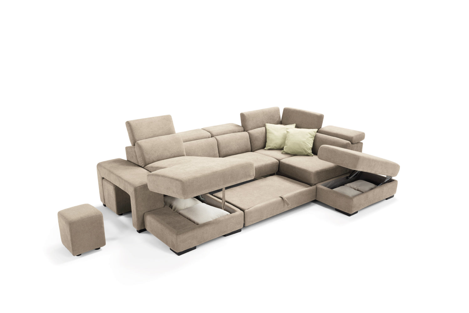 TALENTO 2-seater chaise longue sofa with terminal corner and storage pouf - KOMODO bed opening