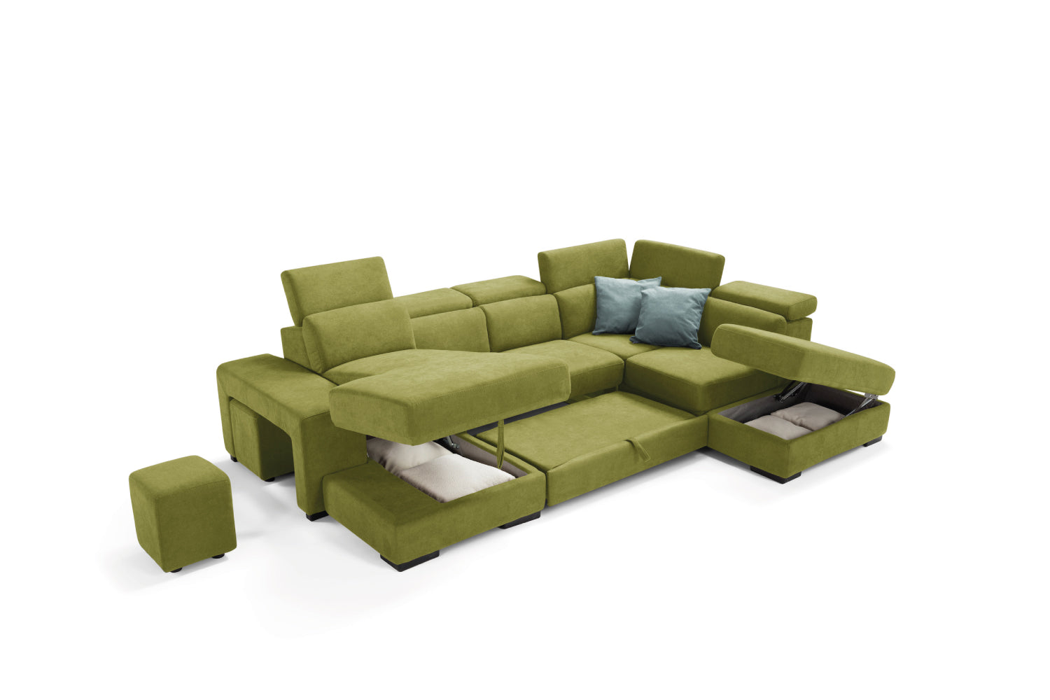 TALENTO 2-seater chaise longue sofa with terminal corner and storage pouf - KOMODO bed opening