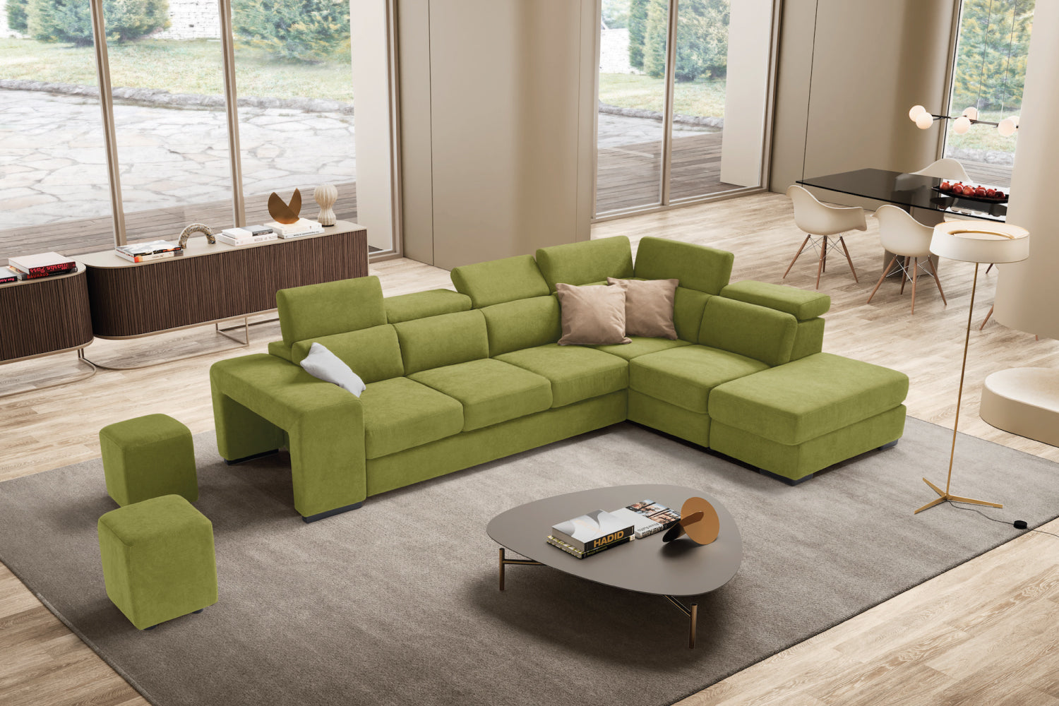 Canapé TALENTO 3 places max, coin d'extrémité avec pouf rangement - ouverture lit KOMODO