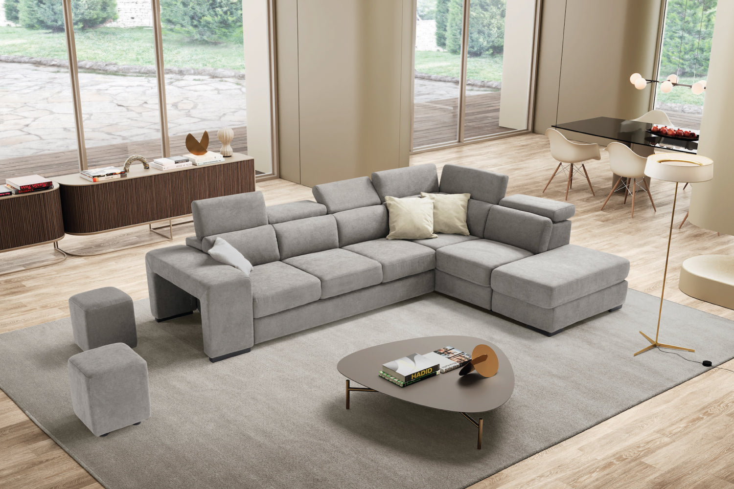 Canapé TALENTO 3 places max, coin d'extrémité avec pouf rangement - ouverture lit KOMODO