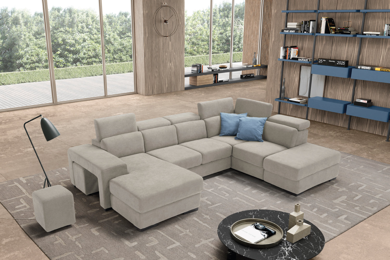 TALENTO 2-seater chaise longue sofa with terminal corner and storage pouf - KOMODO bed opening