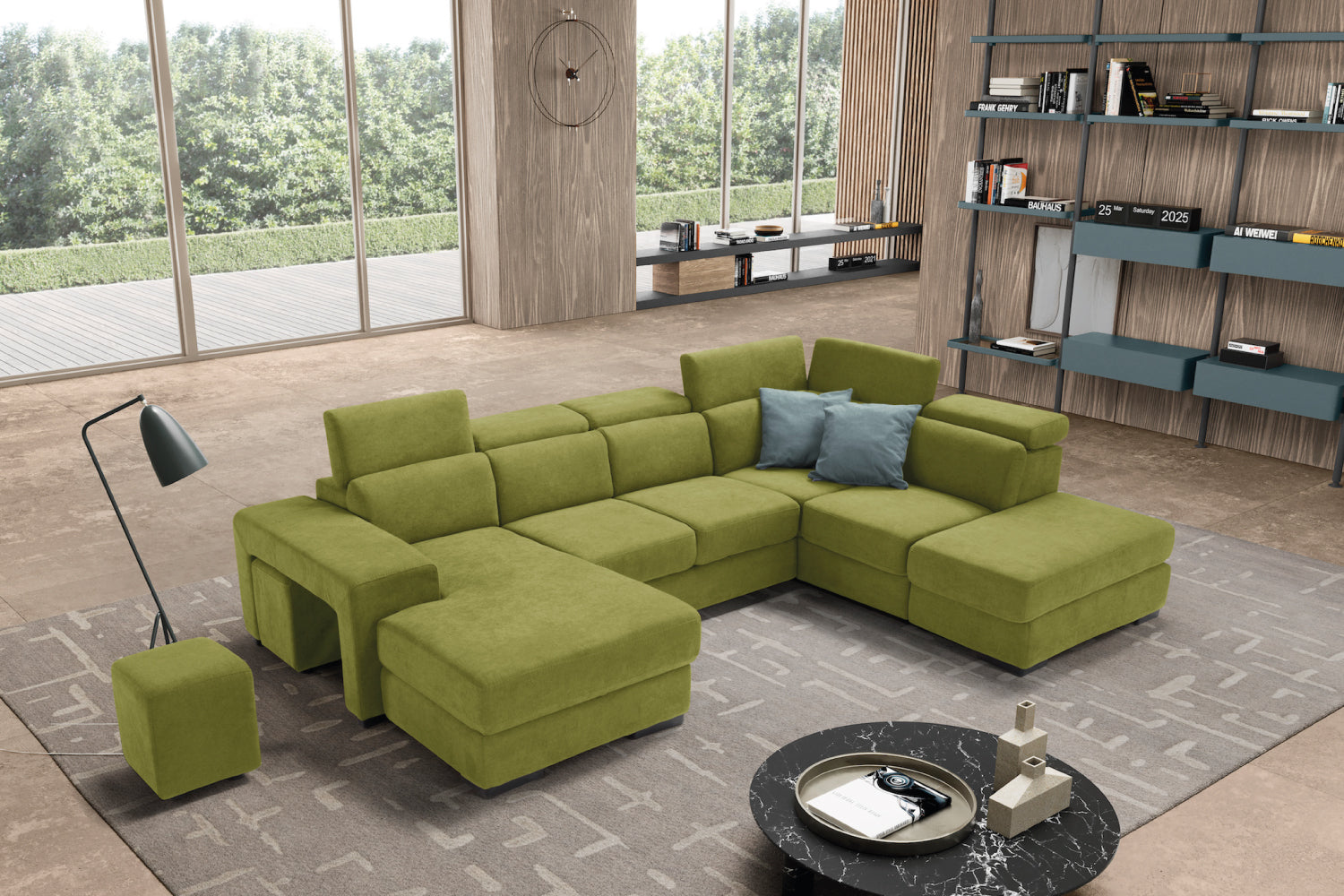 TALENTO 2-seater chaise longue sofa with terminal corner and storage pouf - KOMODO bed opening