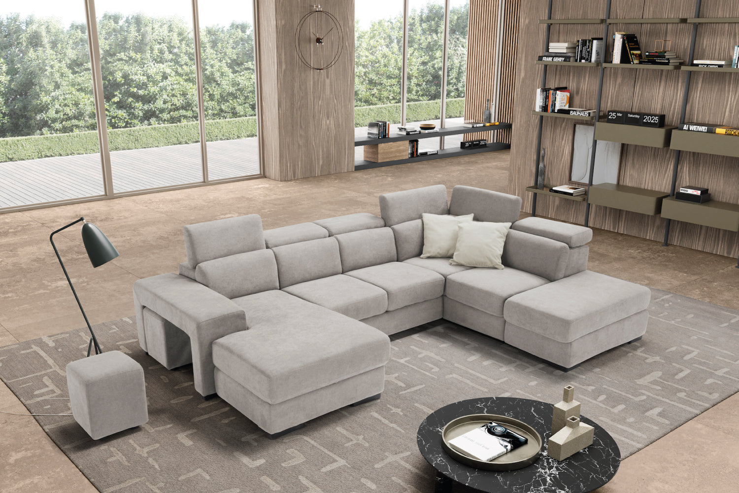 TALENTO 2-seater chaise longue sofa with terminal corner and storage pouf - KOMODO bed opening