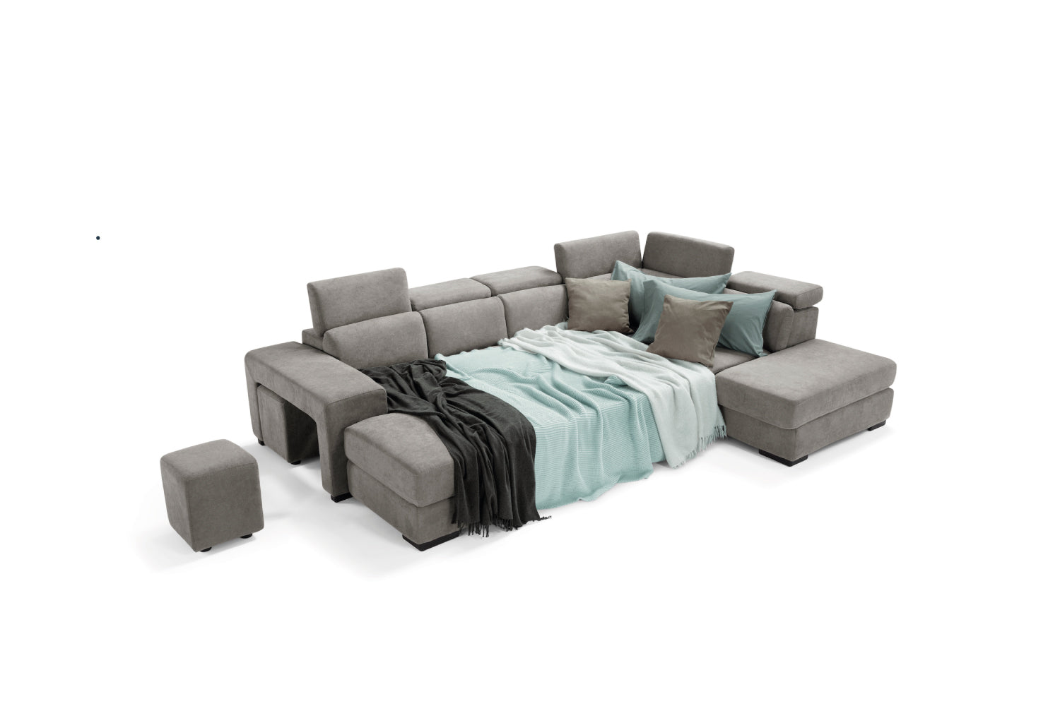 TALENTO 2-seater chaise longue sofa with terminal corner and storage pouf - KOMODO bed opening