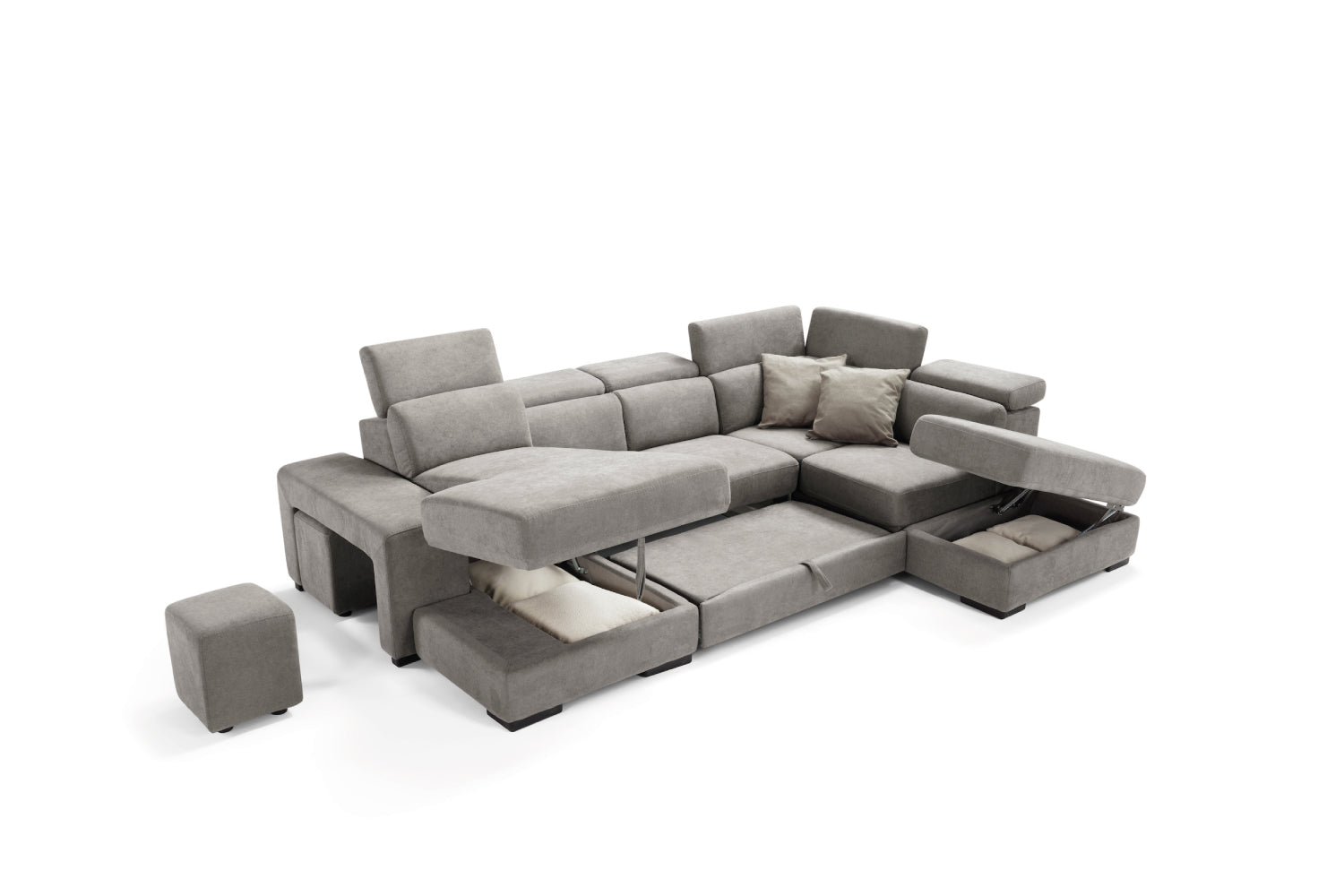 Canapé méridienne 2 places TALENTO avec bout d'angle et pouf de rangement - Ouverture lit KOMODO