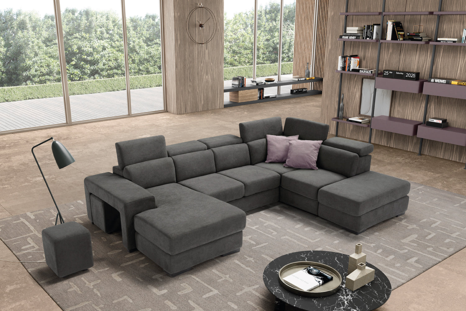 TALENTO 2-seater chaise longue sofa with terminal corner and storage pouf - KOMODO bed opening