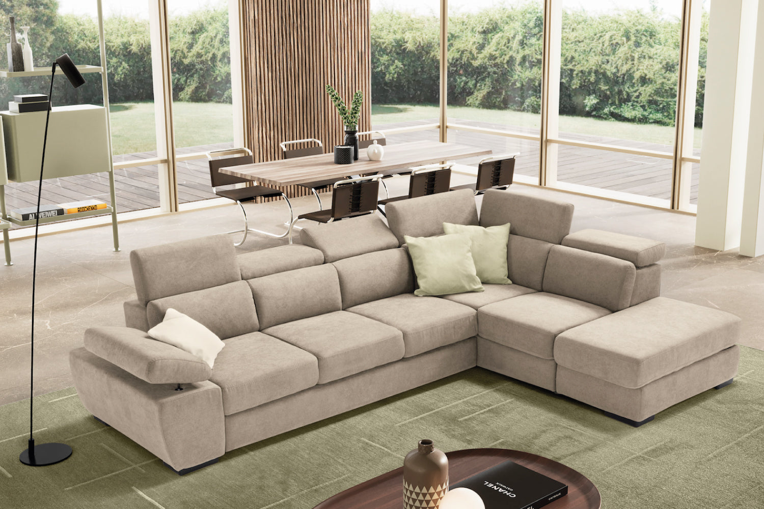 FABIOLA 3 seater sofa max, terminal corner with storage pouf - KOMODO bed opening