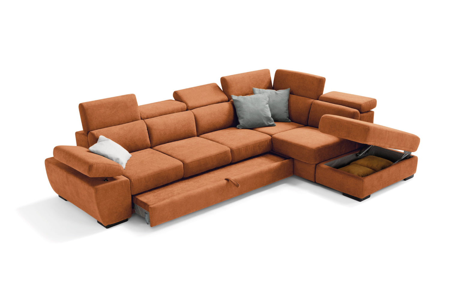FABIOLA 3 seater sofa max, terminal corner with storage pouf - KOMODO bed opening