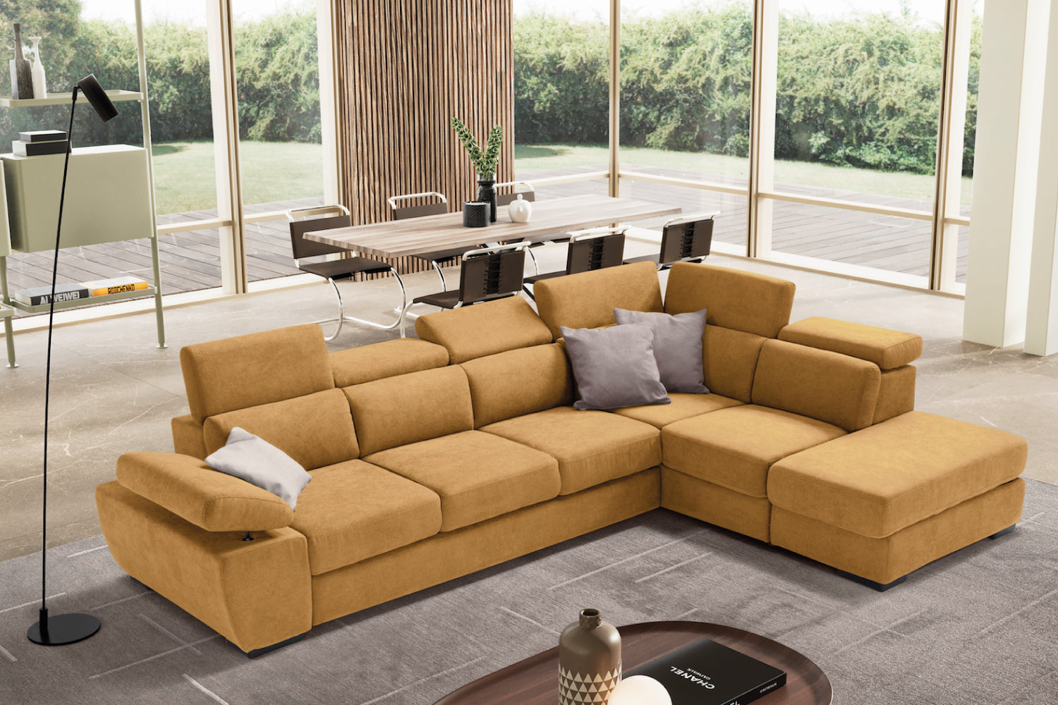 FABIOLA 3 seater sofa max, terminal corner with storage pouf - KOMODO bed opening