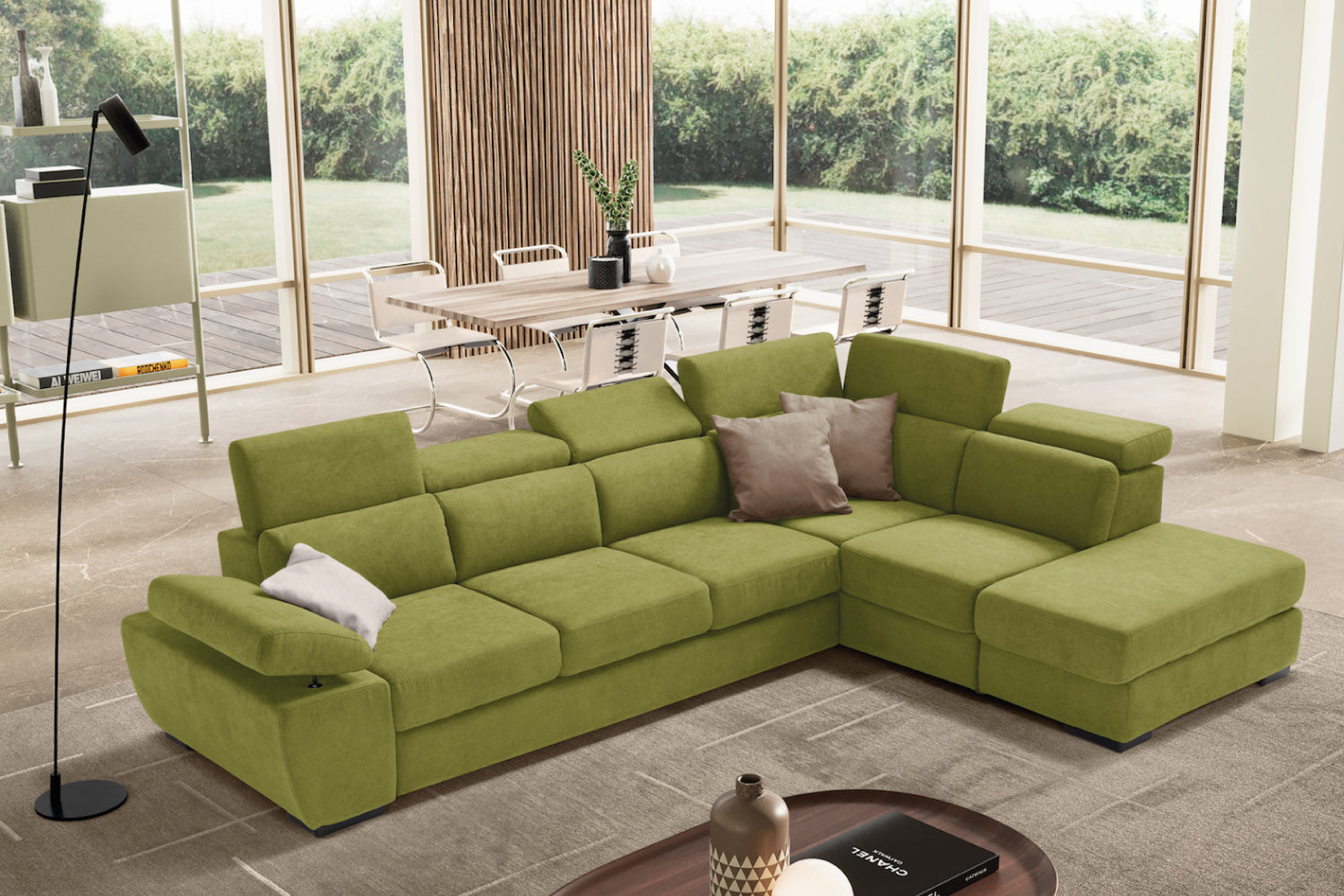 FABIOLA 3 seater sofa max, terminal corner with storage pouf - KOMODO bed opening