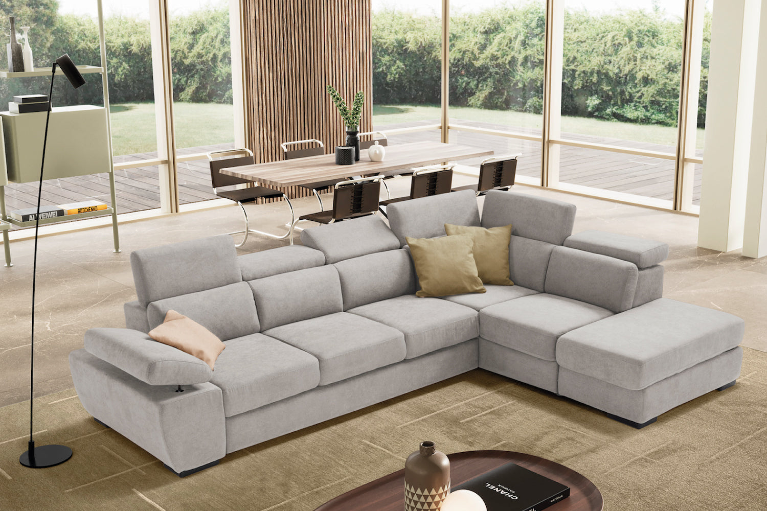 FABIOLA 3 seater sofa max, terminal corner with storage pouf - KOMODO bed opening