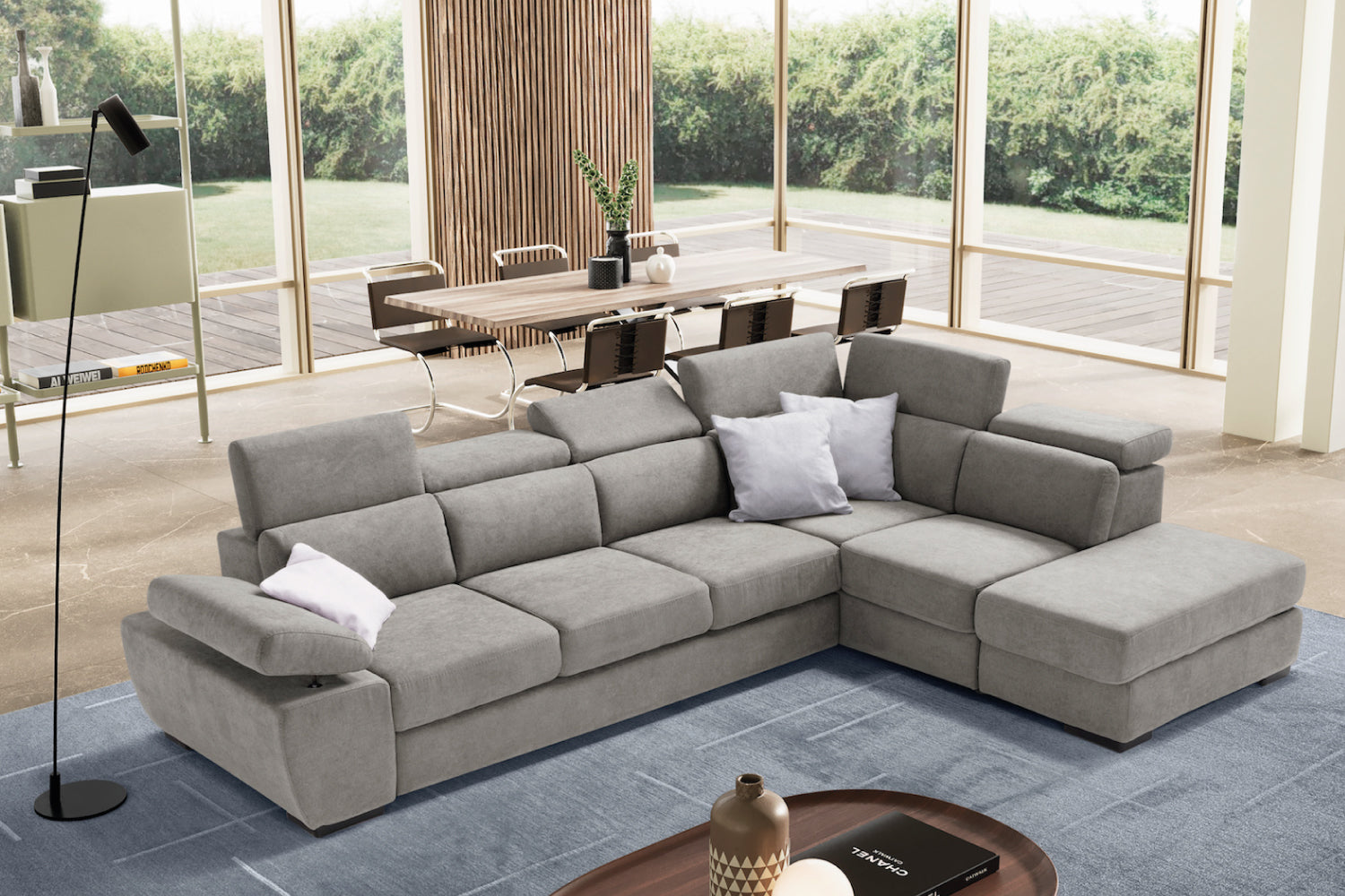 FABIOLA 3 seater sofa max, terminal corner with storage pouf - KOMODO bed opening