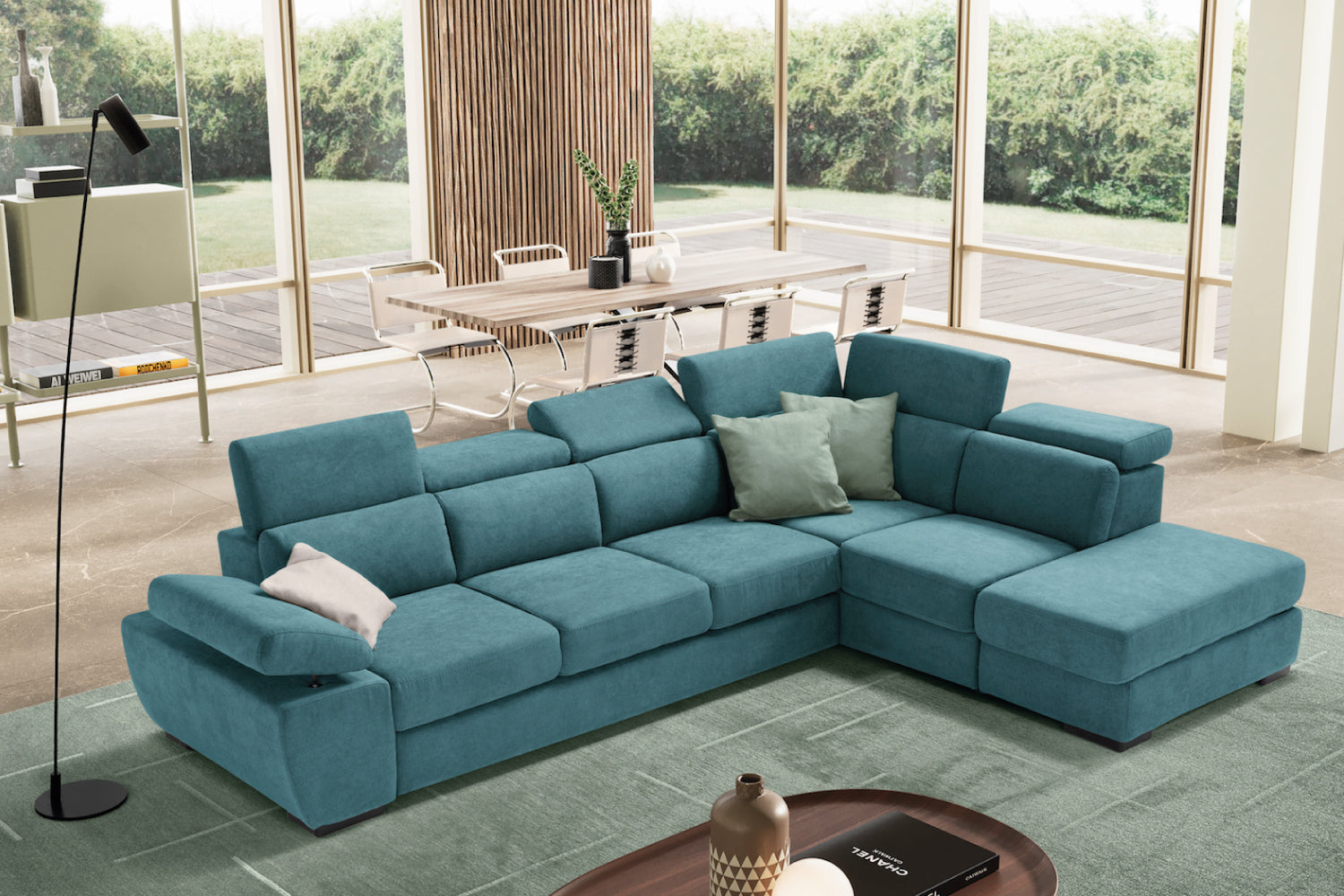 FABIOLA 3 seater sofa max, terminal corner with storage pouf - KOMODO bed opening