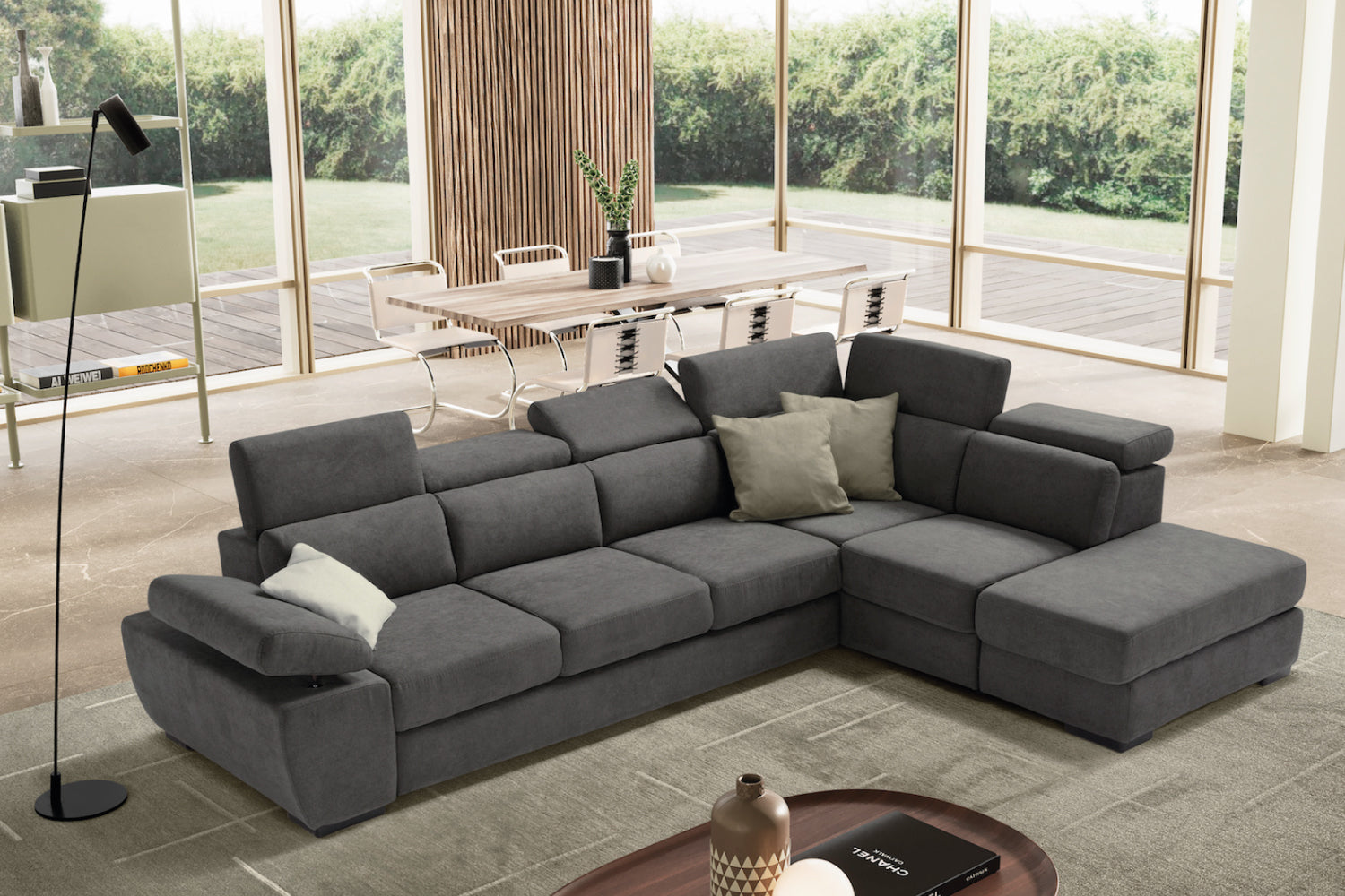 FABIOLA 3 seater sofa max, terminal corner with storage pouf - KOMODO bed opening