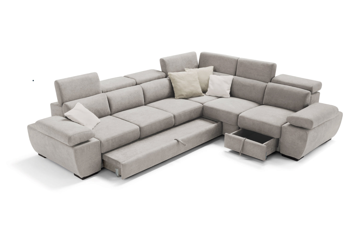 FABIOLA 3 seater sofa max, terminal corner and jolly armchair with storage drawer - KOMODO bed opening